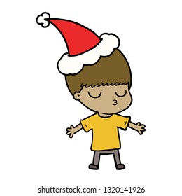 hand drawn line drawing of a calm boy wearing santa hat