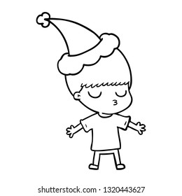 hand drawn line drawing of a calm boy wearing santa hat