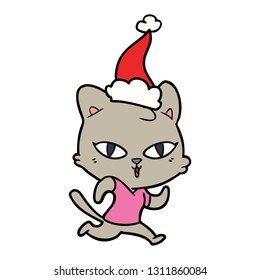 hand drawn line drawing of a cat out for a run wearing santa hat