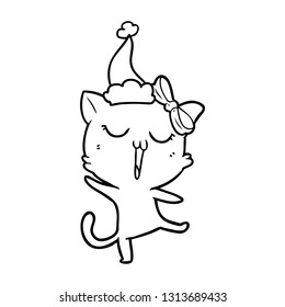 dibujo de una línea dibujada a mano de un gato con sombrero santa