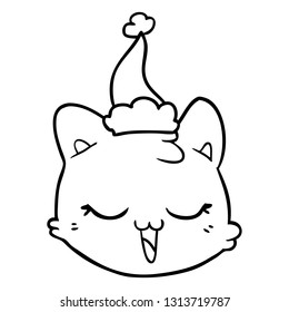 hand drawn line drawing of a cat face wearing santa hat