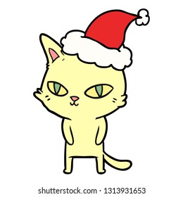 handgezeichnete Linienzeichnung einer Katze mit leuchtenden Augen mit Santa-Hut