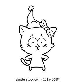 hand drawn line drawing of a cat wearing santa hat
