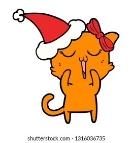 dibujo de una línea dibujada a mano de un gato con sombrero santa
