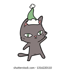 hand drawn line drawing of a cat staring wearing santa hat