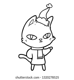 hand drawn line drawing of a cat staring wearing santa hat