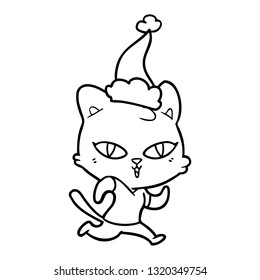 hand drawn line drawing of a cat out for a run wearing santa hat