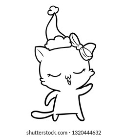 hand drawn line drawing of a cat with bow on head wearing santa hat
