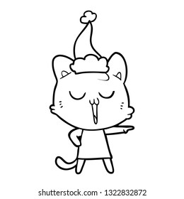 hand drawn line drawing of a cat singing wearing santa hat