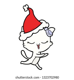 hand drawn line drawing of a cat with bow on head wearing santa hat