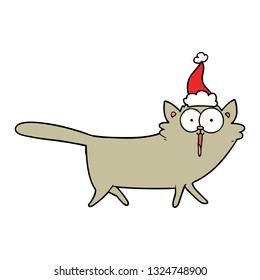 dibujo de una línea dibujada a mano de un gato con sombrero santa