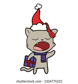 desenho de linha desenhada à mão de um gato com presente de natal vestindo chapéu de santa