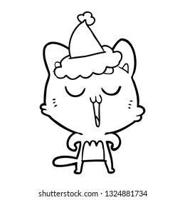 hand drawn line drawing of a cat singing wearing santa hat