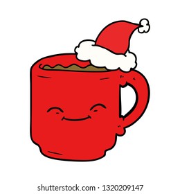 hand drawn line drawing of a coffee mug wearing santa hat