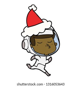 hand drawn line drawing of a confident astronaut wearing santa hat