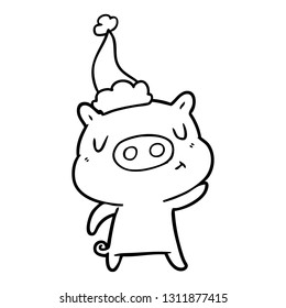 hand drawn line drawing of a content pig wearing santa hat