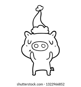 dibujo de línea dibujado a mano de un cerdo con sombrero santa