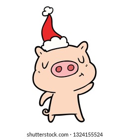 hand drawn line drawing of a content pig wearing santa hat