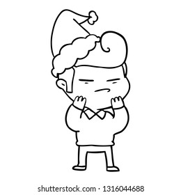 hand drawn line drawing of a cool guy with fashion hair cut wearing santa hat