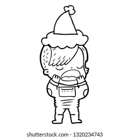 handgezeichnete Linienzeichnung eines coolen Hipster-Mädchens im Weltraumanzug mit Santa-Hut