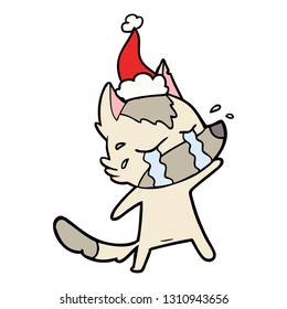 hand drawn line drawing of a crying wolf wearing santa hat