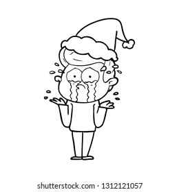 hand drawn line drawing of a crying man wearing santa hat