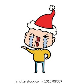 hand drawn line drawing of a crying bald man wearing santa hat