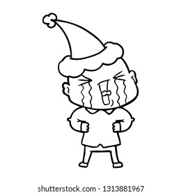 hand drawn line drawing of a crying bald man wearing santa hat