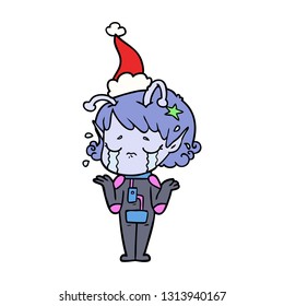 dibujo de la línea dibujada a mano de una chica alienígena que llora usando sombrero santa