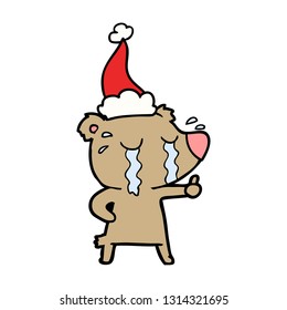 hand drawn line drawing of a crying bear wearing santa hat