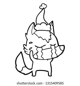 hand drawn line drawing of a crying wolf wearing santa hat