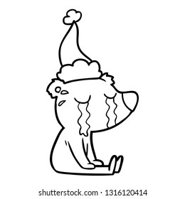 hand drawn line drawing of a crying sitting polar bear wearing santa hat