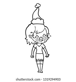dibujo de la línea dibujada a mano de una joven vampiresa llorando usando sombrero santa