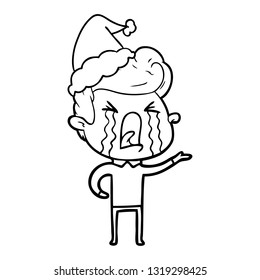 desenho de linha desenhada à mão de um homem chorando usando chapéu de Papai Noel
