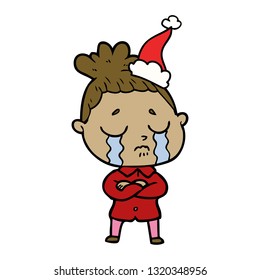 hand drawn line drawing of a crying woman wearing santa hat