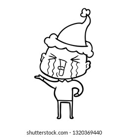 hand drawn line drawing of a crying bald man wearing santa hat