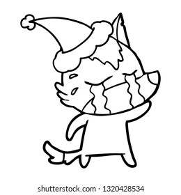 hand drawn line drawing of a crying wolf wearing santa hat
