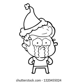 hand drawn line drawing of a crying man wearing santa hat
