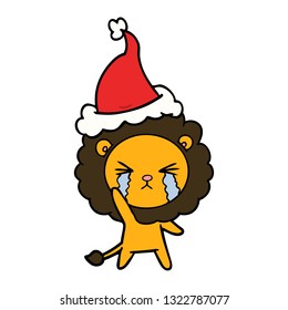 hand drawn line drawing of a crying lion wearing santa hat