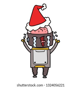 dibujo de una línea dibujada a mano de un robot llorando con sombrero santa