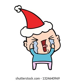 desenho de linha desenhada à mão de um homem careca chorando usando chapéu de santa