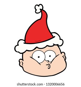 hand drawn line drawing of a curious bald man wearing santa hat