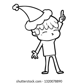 dibujo de una línea dibujada a mano de un niño curioso con sombrero santa