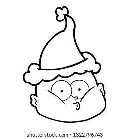 dibujo de una línea dibujada a mano de un curioso calvo que usa sombrero de santa