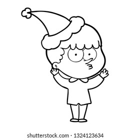 dibujo de una línea dibujada a mano de un niño curioso con sombrero santa