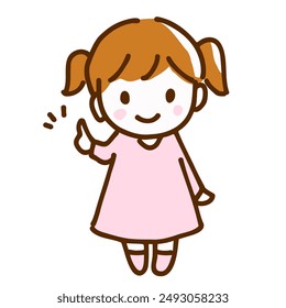 Hand drawn line drawing of a cute girl pointing.