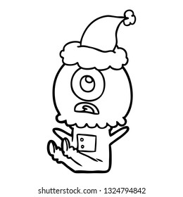 dibujo de línea dibujado a mano de un hombre espacial alienígena del ciclo que lleva sombrero santa