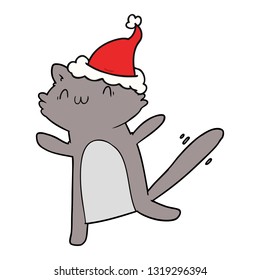 dibujo de una línea dibujada a mano de un gato bailando con sombrero santa