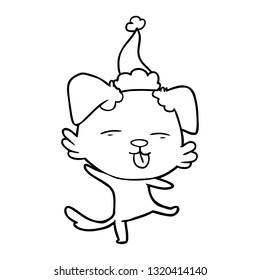 hand drawn line drawing of a dancing dog wearing santa hat