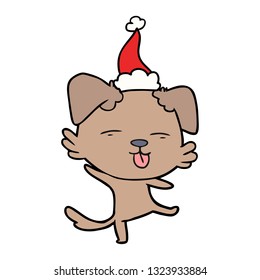 hand drawn line drawing of a dancing dog wearing santa hat